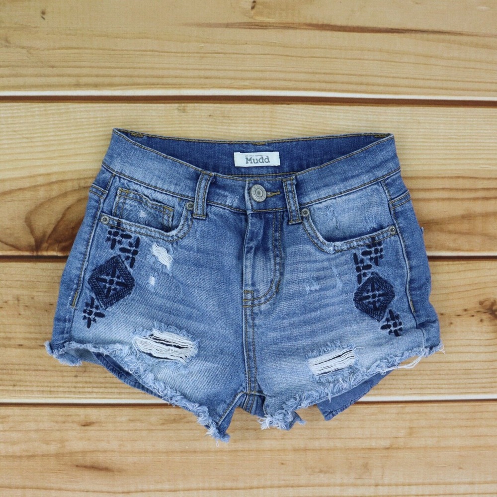 Mudd Cut-Off Jean Shorts Distressed Juniors 1 Blue Medium Wash Denim Embroidered